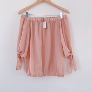 Off shoulder bow tie pink chiffon blouse